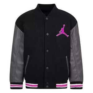 🆕️ NWOT Jordan Kids Black Pink Varsity Letterman Jacket M 10-12Y D197-A2B